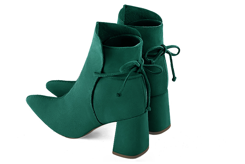 Emerald green women's ankle boots with laces at the back. Tapered toe. High flare heels. Rear view - Florence KOOIJMAN